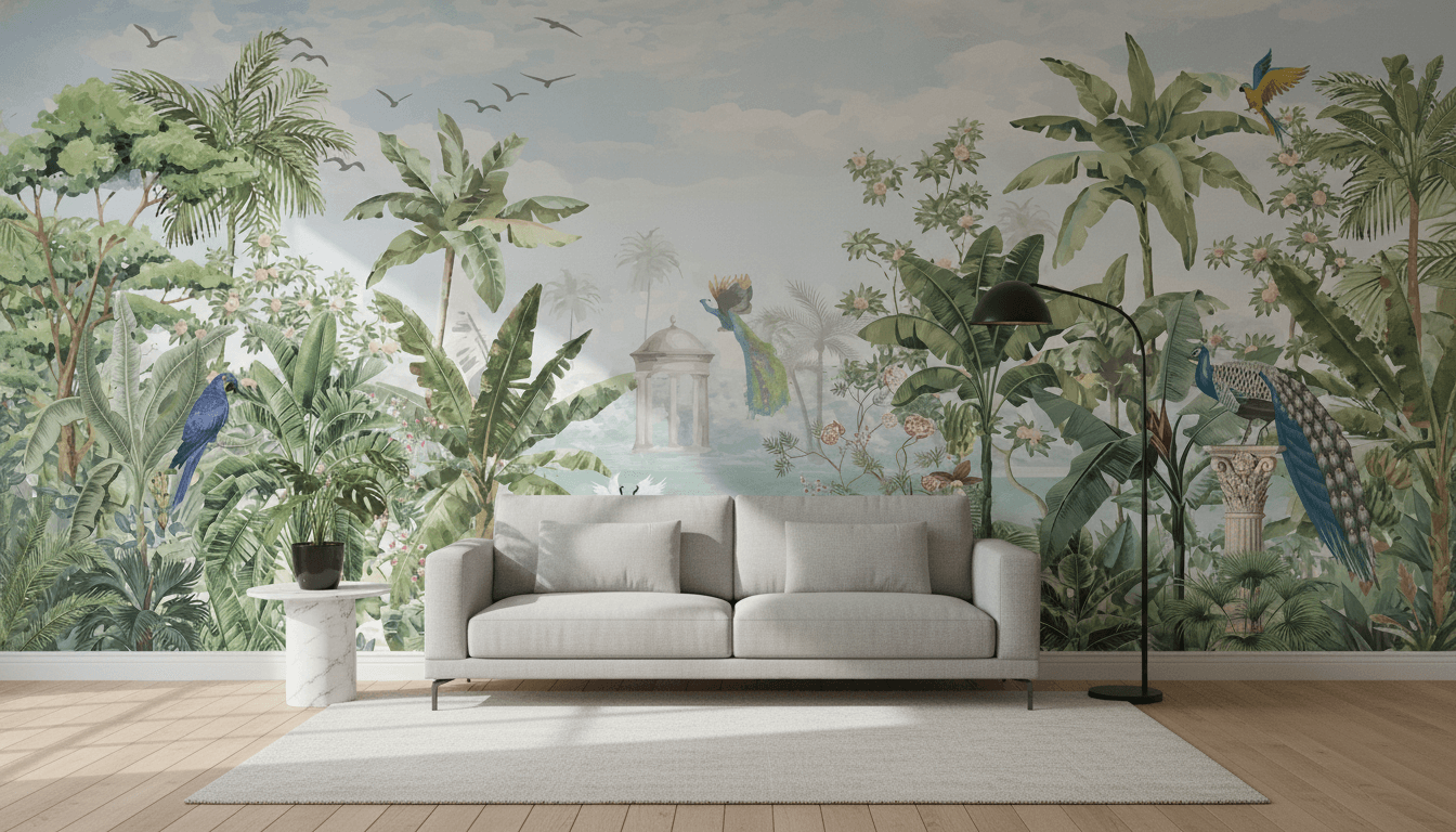 Luxury Tropical Garden Wall Mural with Peacock & Palm Trees – Nature Inspired Wallpaper