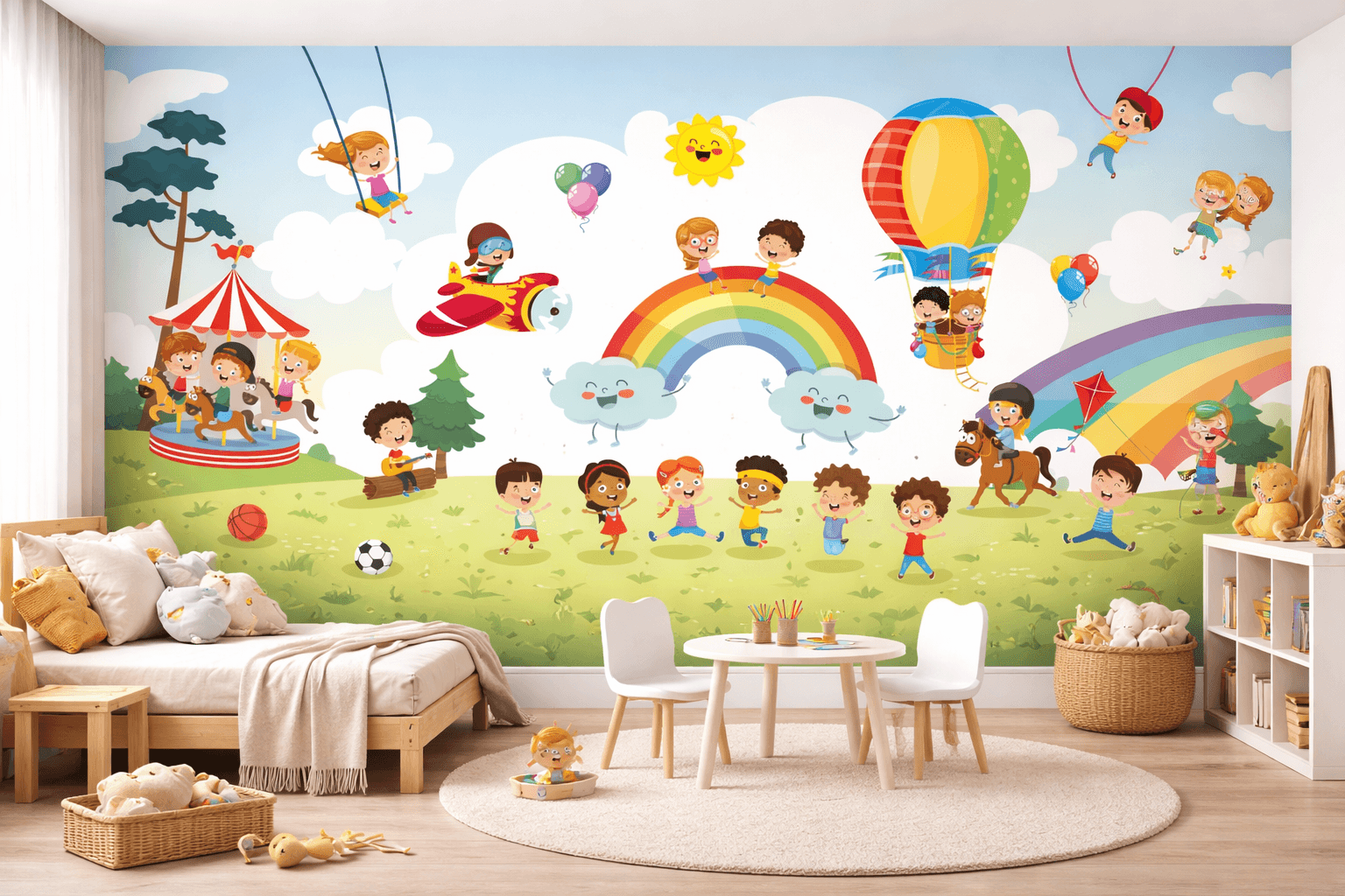 Hot Air Balloon Nursery Wallpaper in soft sage green