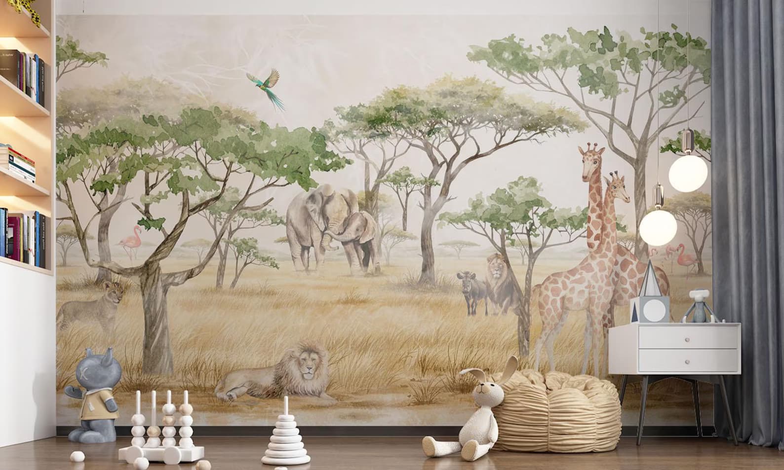 Kids Safari Animal Wall Mural – Jungle Theme Wallpaper with Giraffe, Elephant & Lion for Nursery & Kids Room