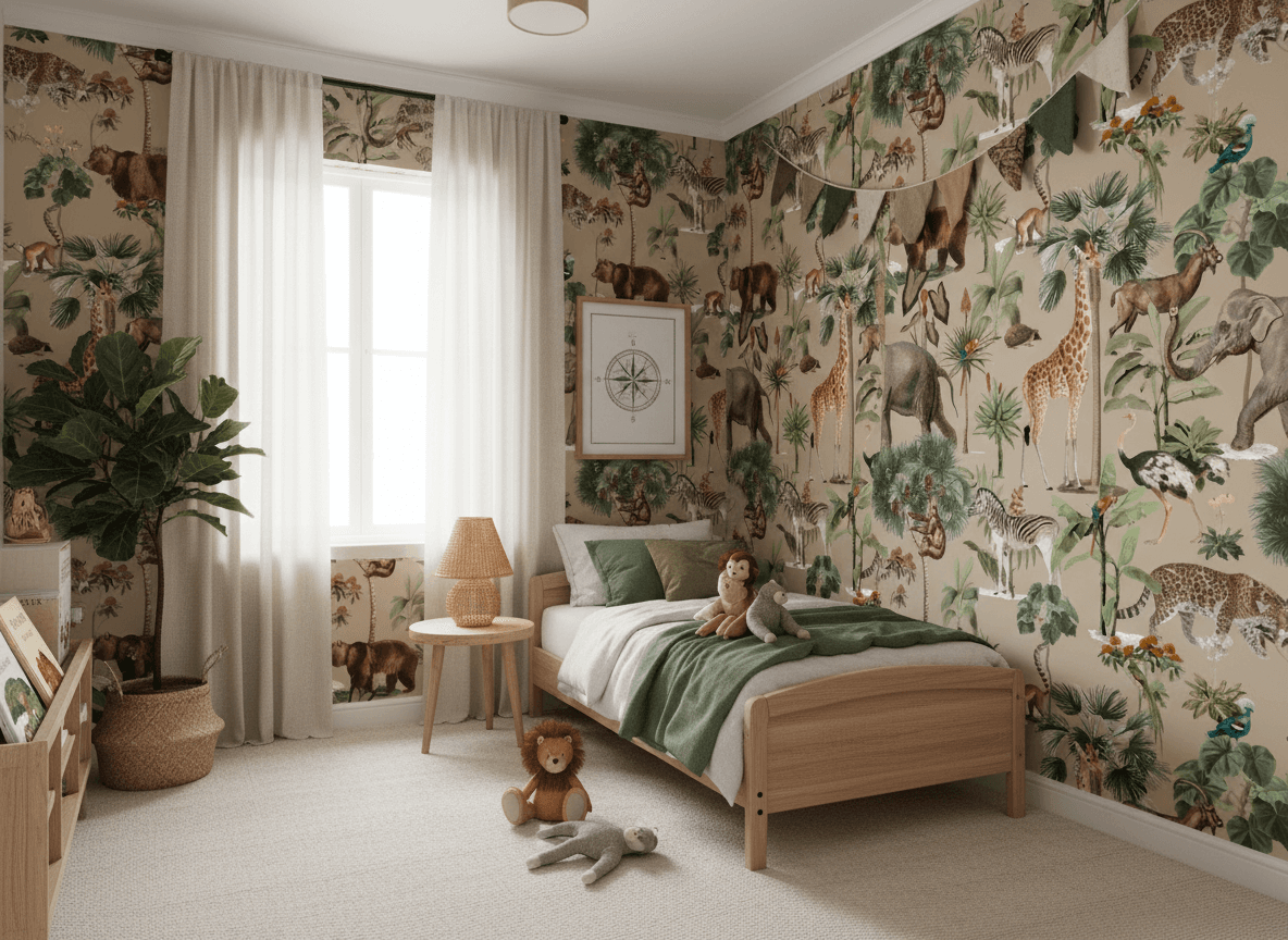 Kids Jungle Animal Wallpaper – Safari Wildlife Wall Mural with Giraffe, Elephant & Tropical Leaves