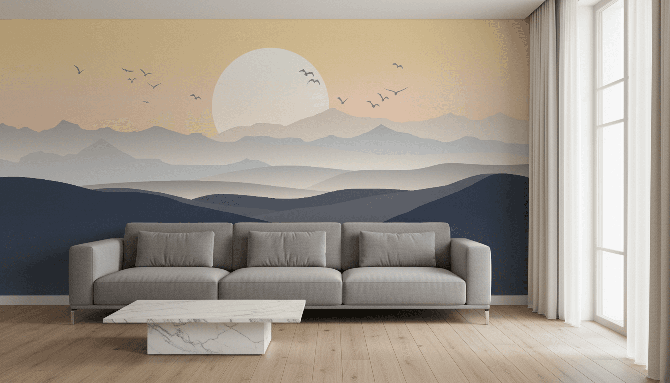 Modern Abstract Mountain Wall Mural – Minimalist Sunset Landscape Wallpaper