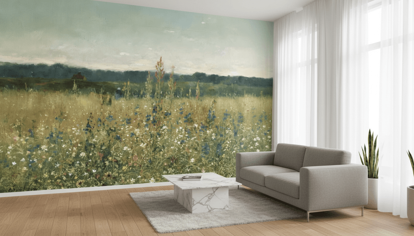 Vintage Meadow Landscape Wall Mural – Artistic Floral Field Wallpaper