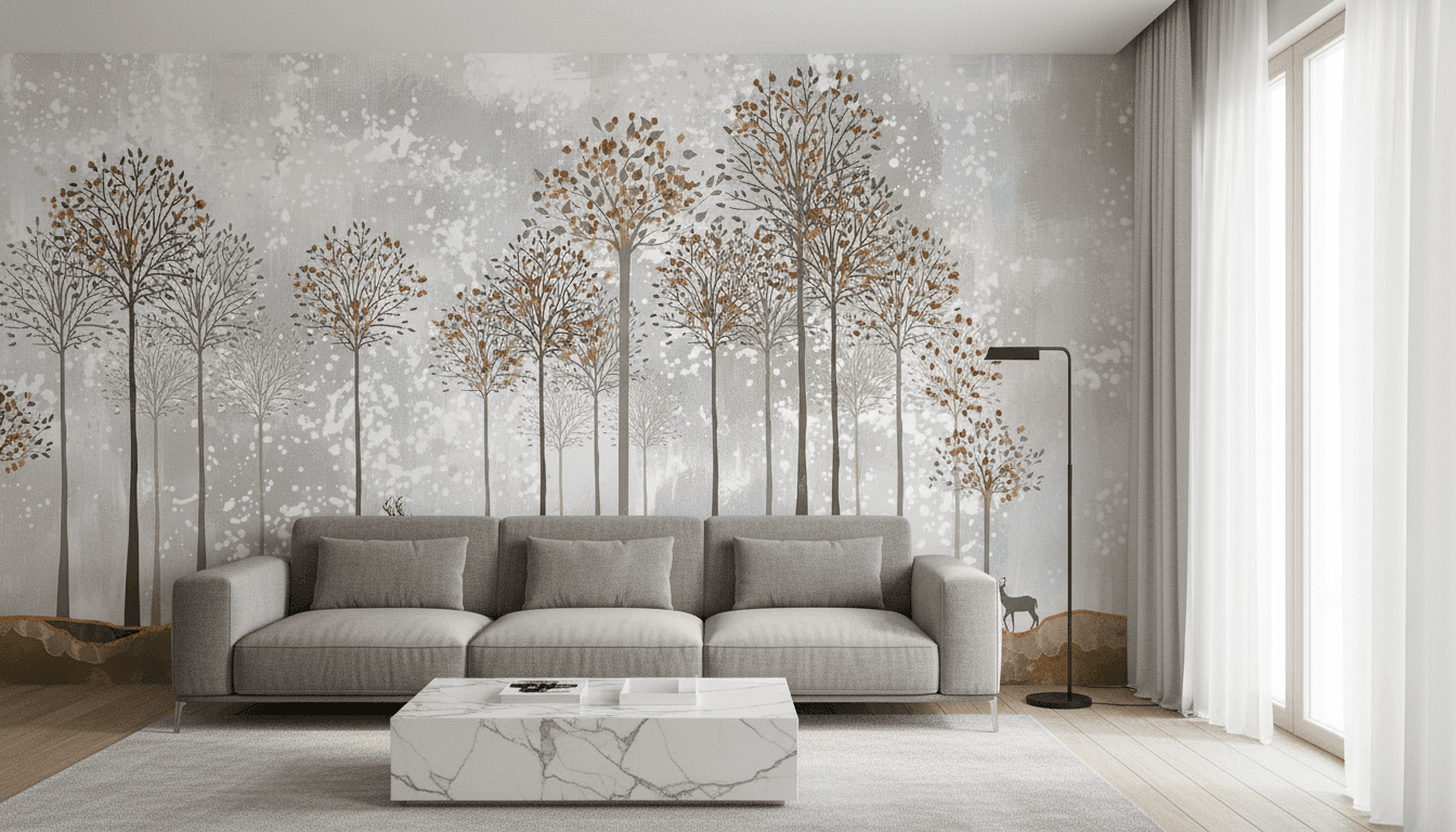 Elegant Autumn Forest Wallpaper – Minimalist Tree Wall Mural with Soft Neutral Tones