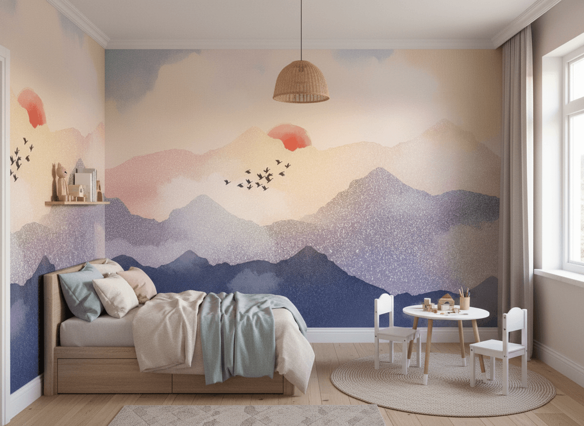 Pastel Sunset Mountain Wall Mural – Abstract Landscape Wallpaper with Birds