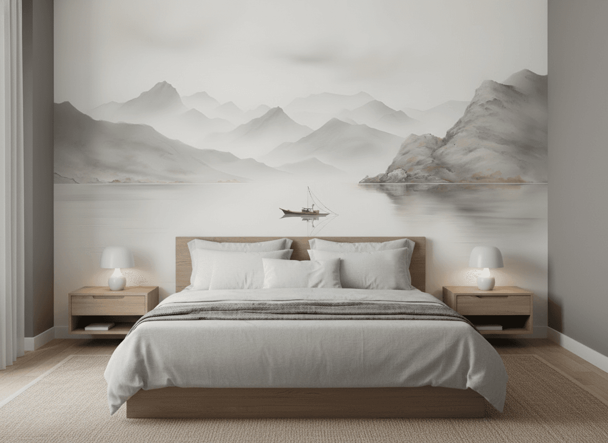 Minimalist Lake & Mountain Wall Mural – Monochrome Landscape Wallpaper