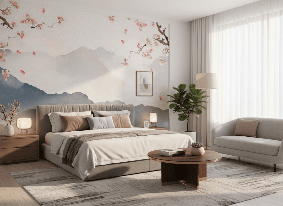 Cherry Blossom Mountain Wall Mural – Soft Floral Landscape Wallpaper