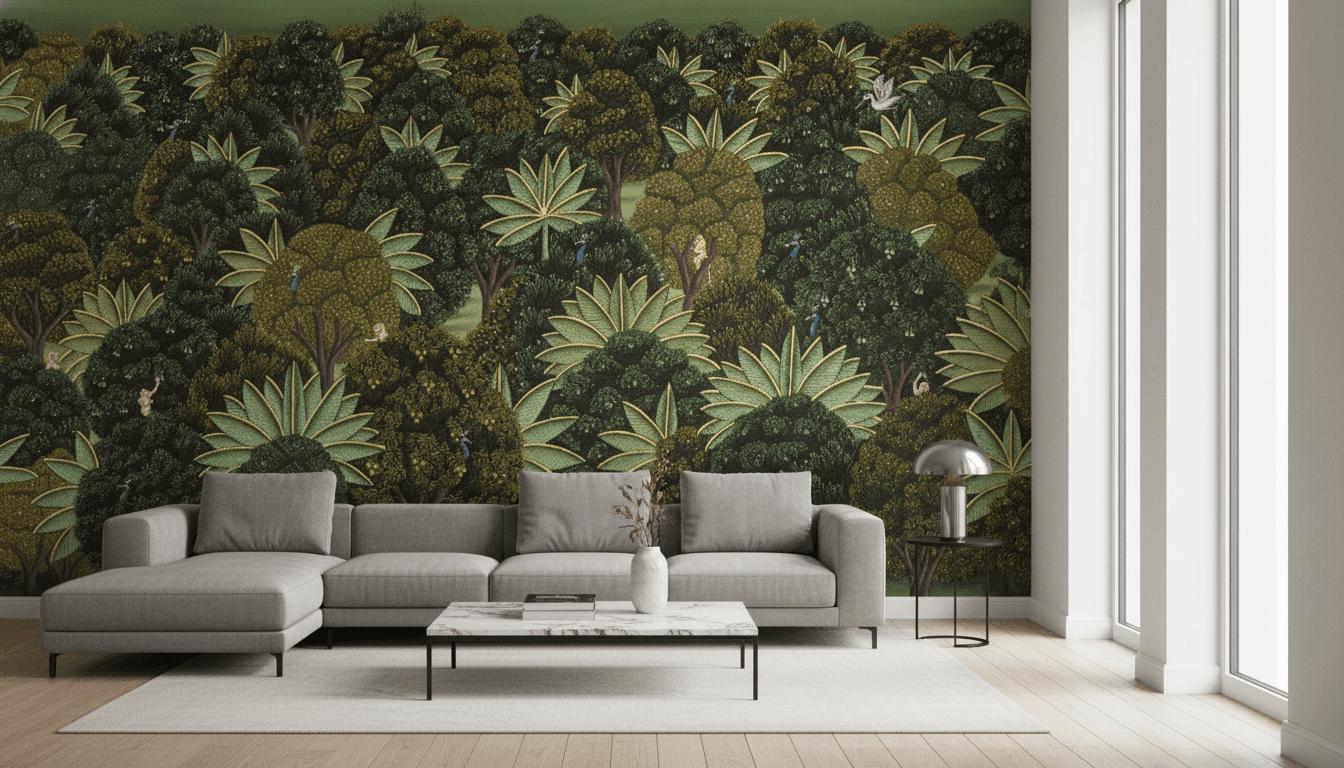 Pichwai Style Forest Wallpaper – Traditional Indian Art Jungle Wall Mural with Intricate Botanical & Wildlife